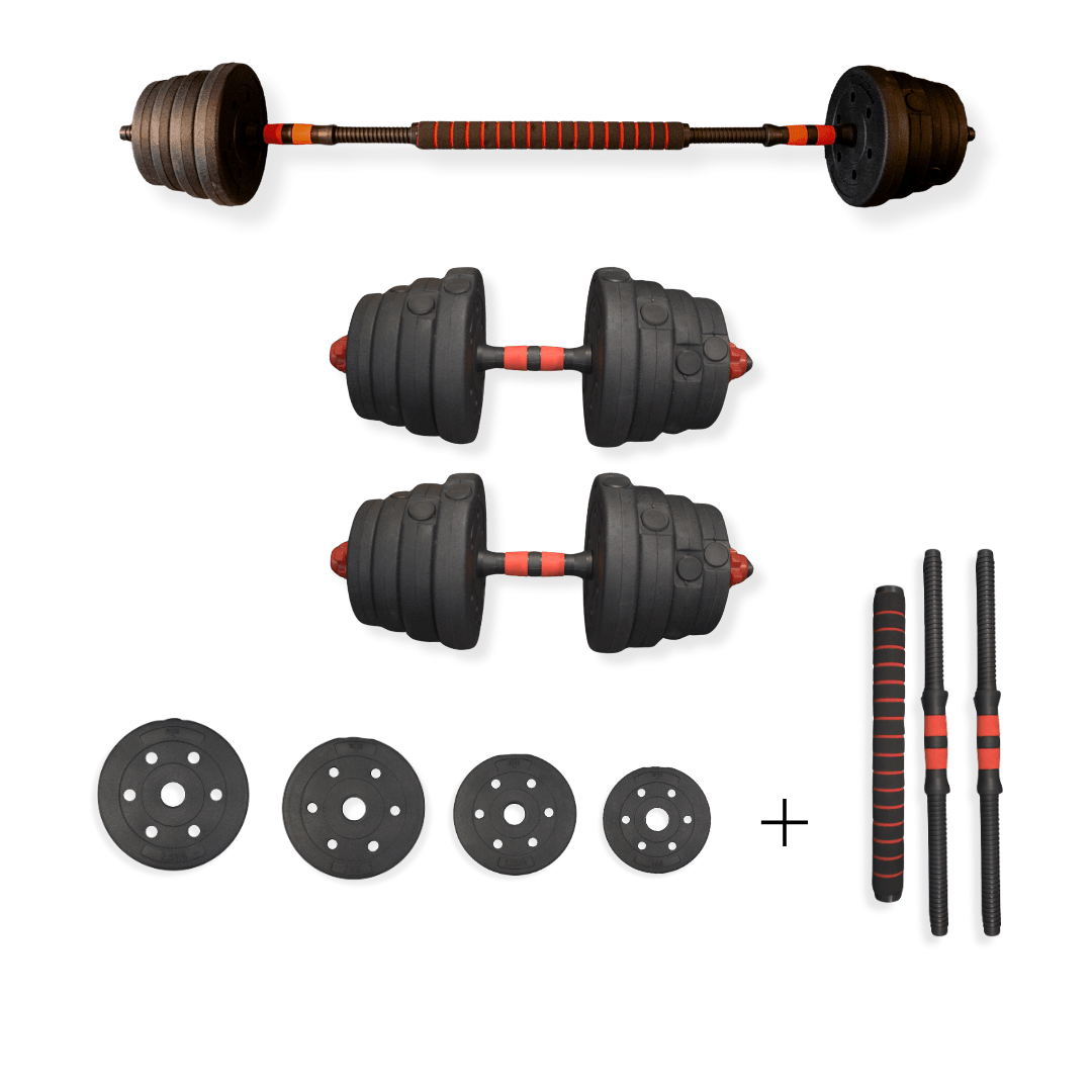 WOQES Çok Fonksiyonlu Dambıl ve Bar Seti 28 kg – Ayarlanabilir Ağırlıklar (2.5-2-1.25-1 kg) + 8 Klipsli