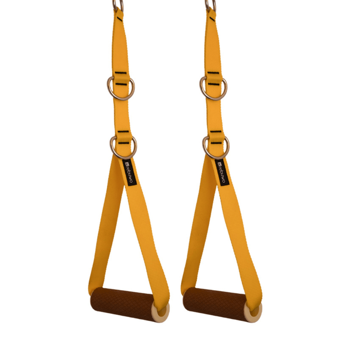 Rebuwo 3 Kademeli Ayarlanabilir Cable Cross Elciği (1 Çift) - Kahverengi Tutacaklı Sarı Fitness Ağırlık Çekiş / Reformer Egzersiz Aparatı
