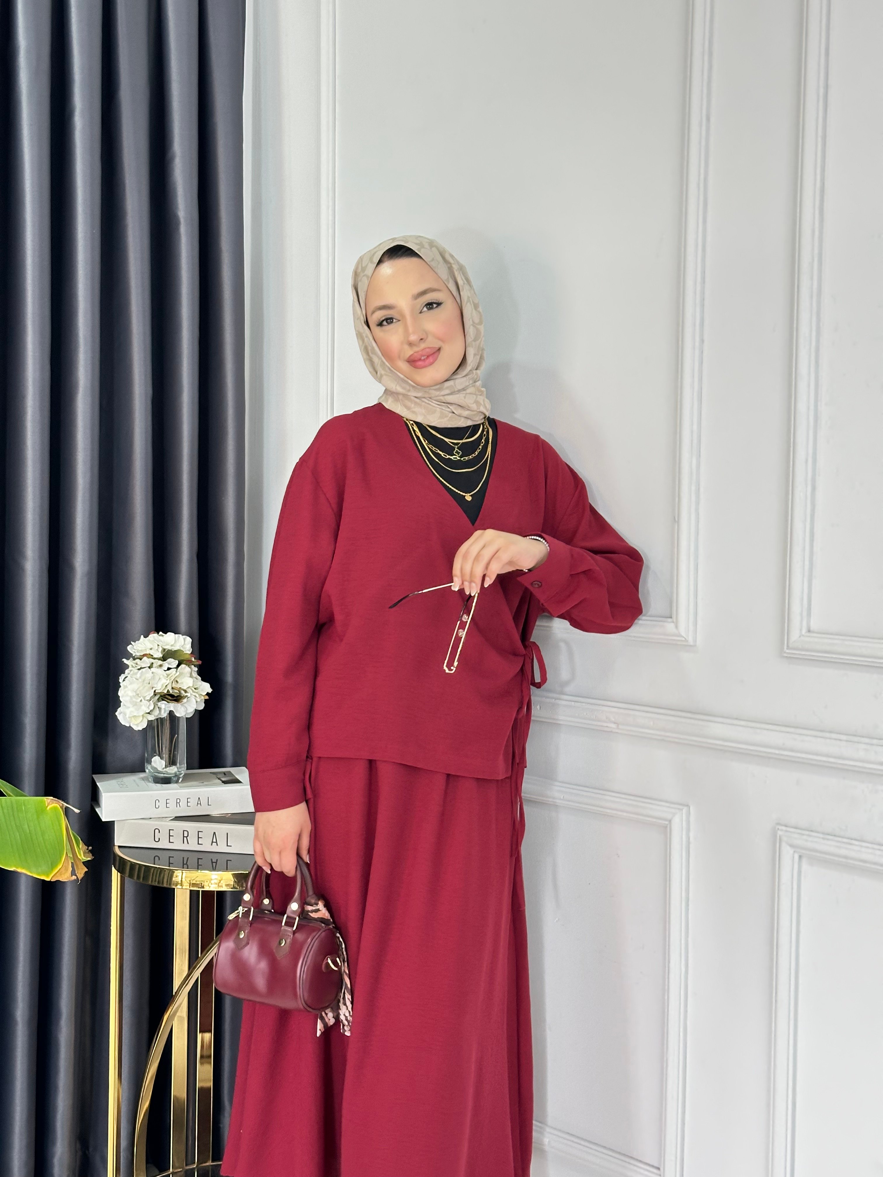 Keten Yandan Bağlamalı Etek Takım - BORDO