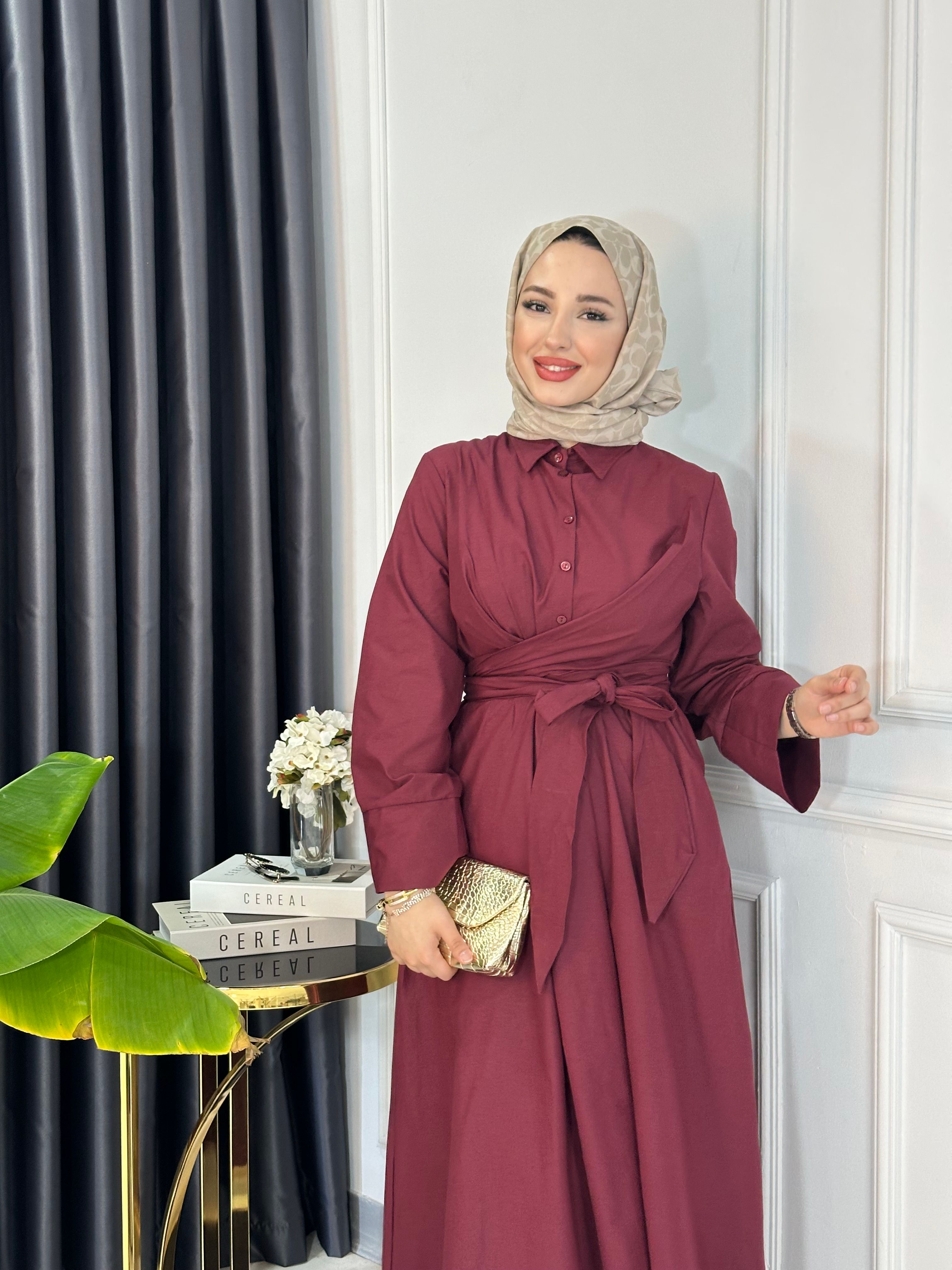 Düğmeli Önden Bağlamalı Elbise - BORDO