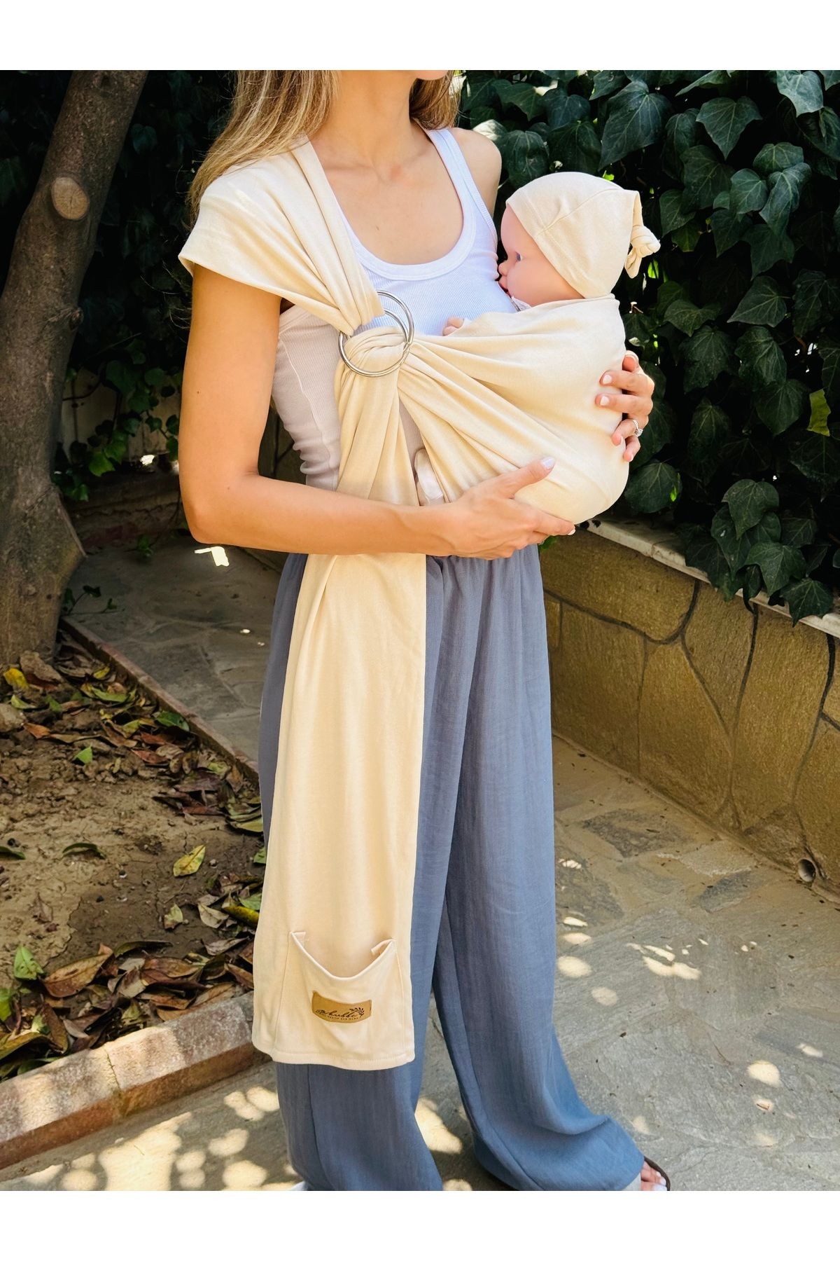Anakucağı Esnek Halkalı Cepli Bebek Taşıma Şalı, Bebek Askısı Wrap Sling