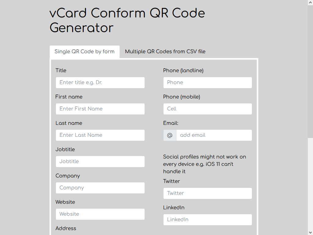 vCard Conform QR Code Generator