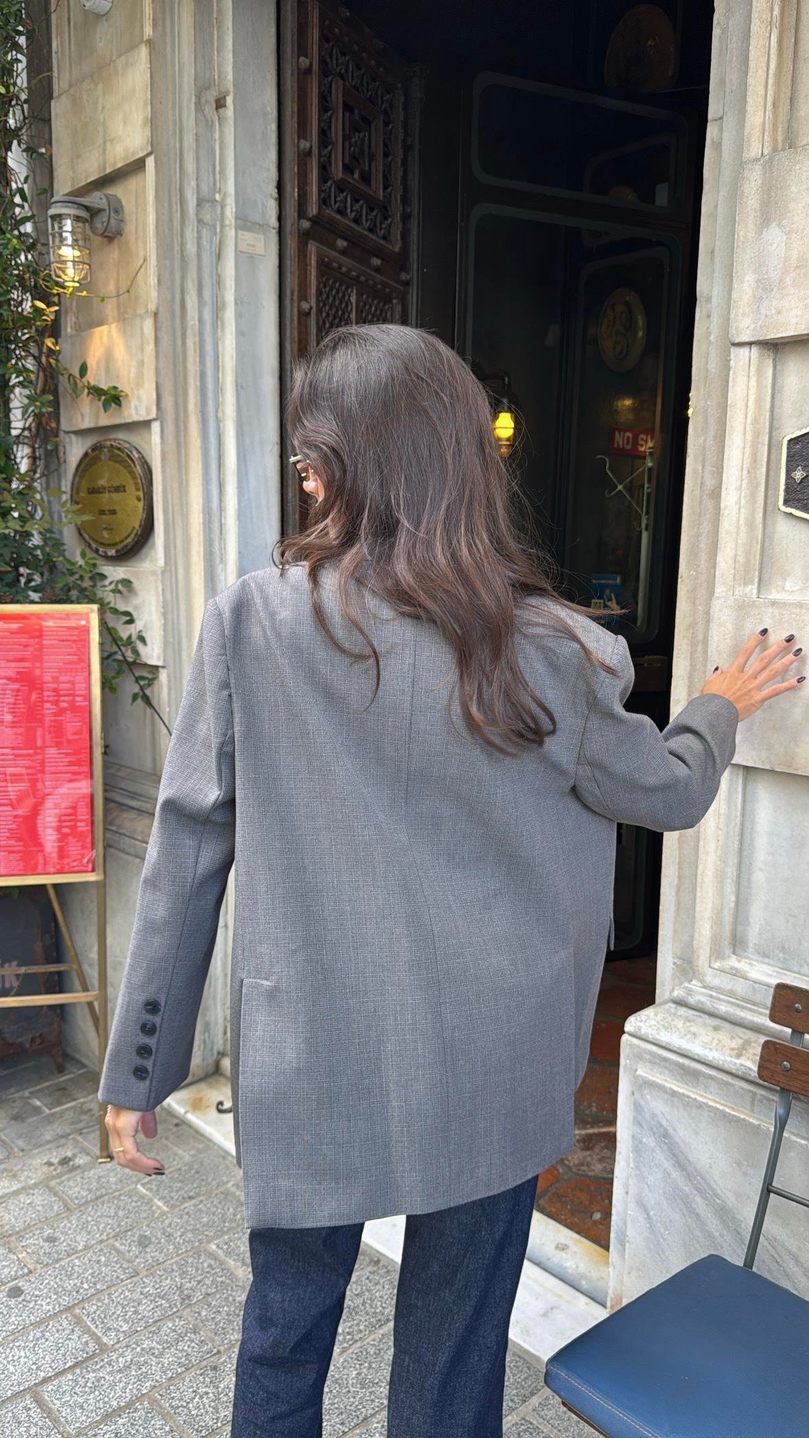 Gri Kahve Ekose Blazer Ceket