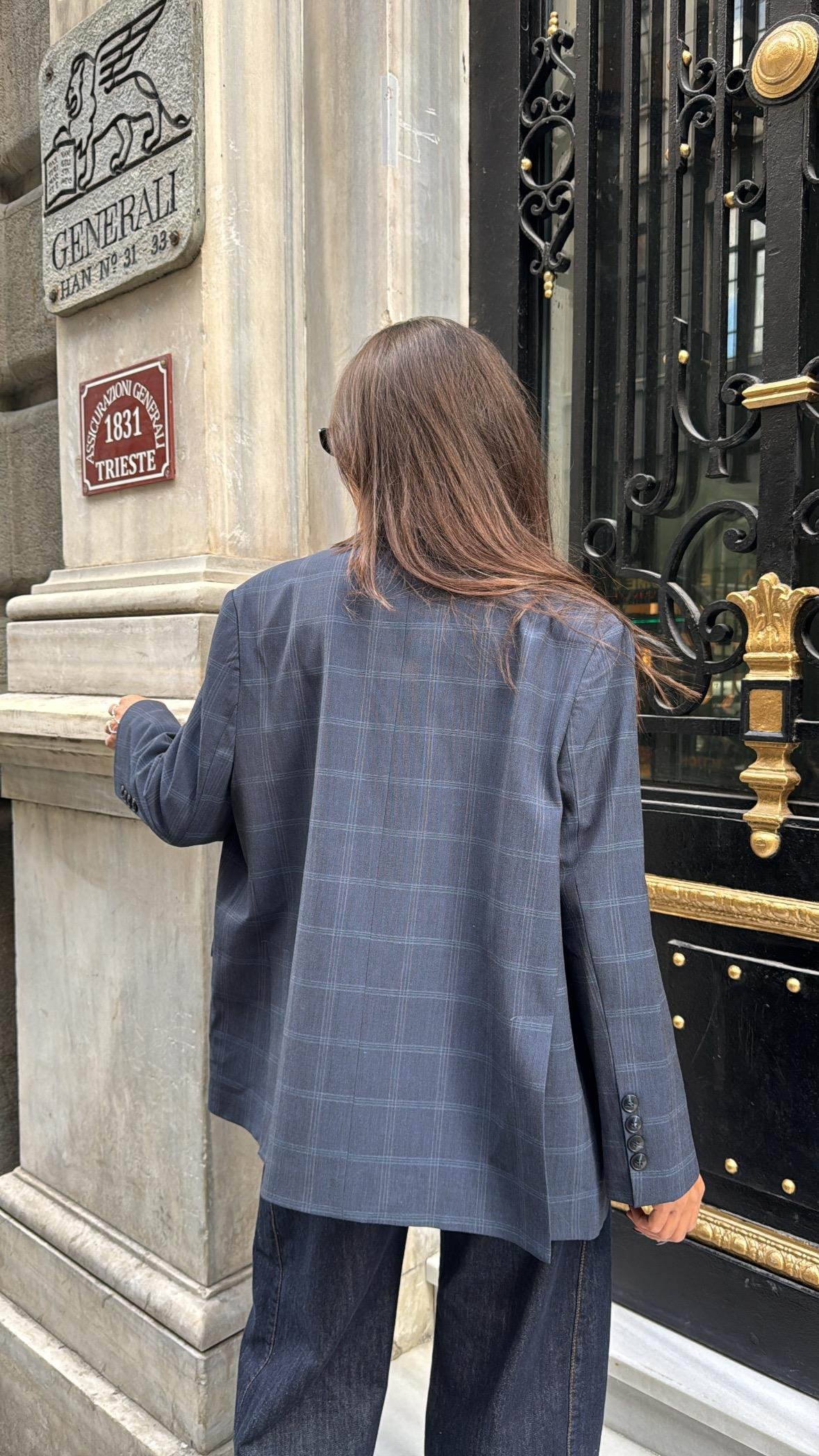 Lacivert Çizgili Oversize Blazer Ceket
