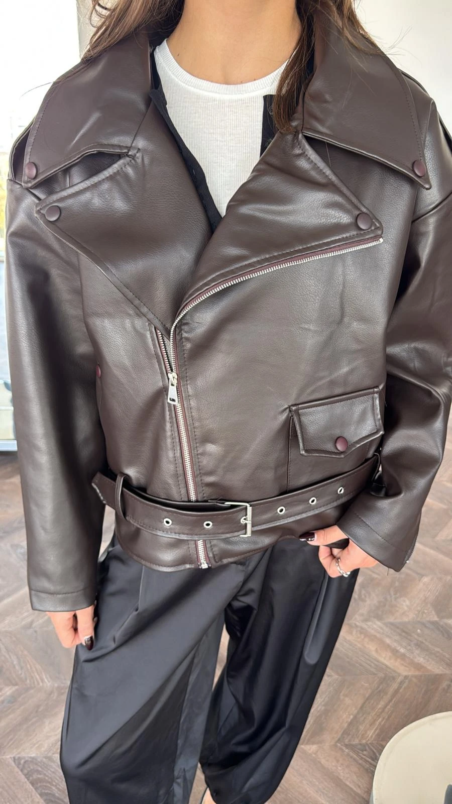 Premium Kemer Detay Apoletli Kahve Deri Ceket