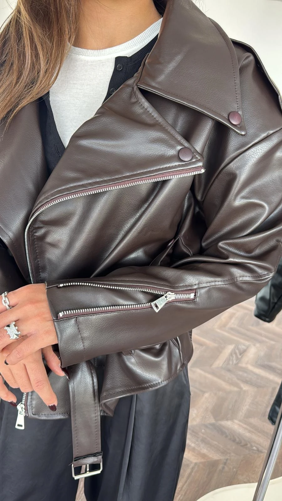 Premium Kemer Detay Apoletli Kahve Deri Ceket