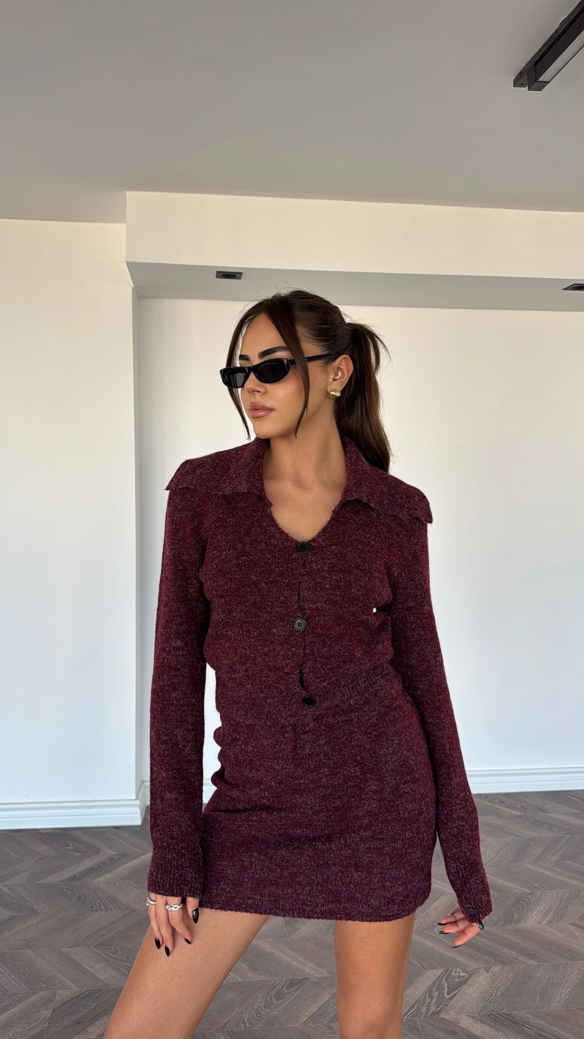 Yakalı Triko Etekli Bordo Takım