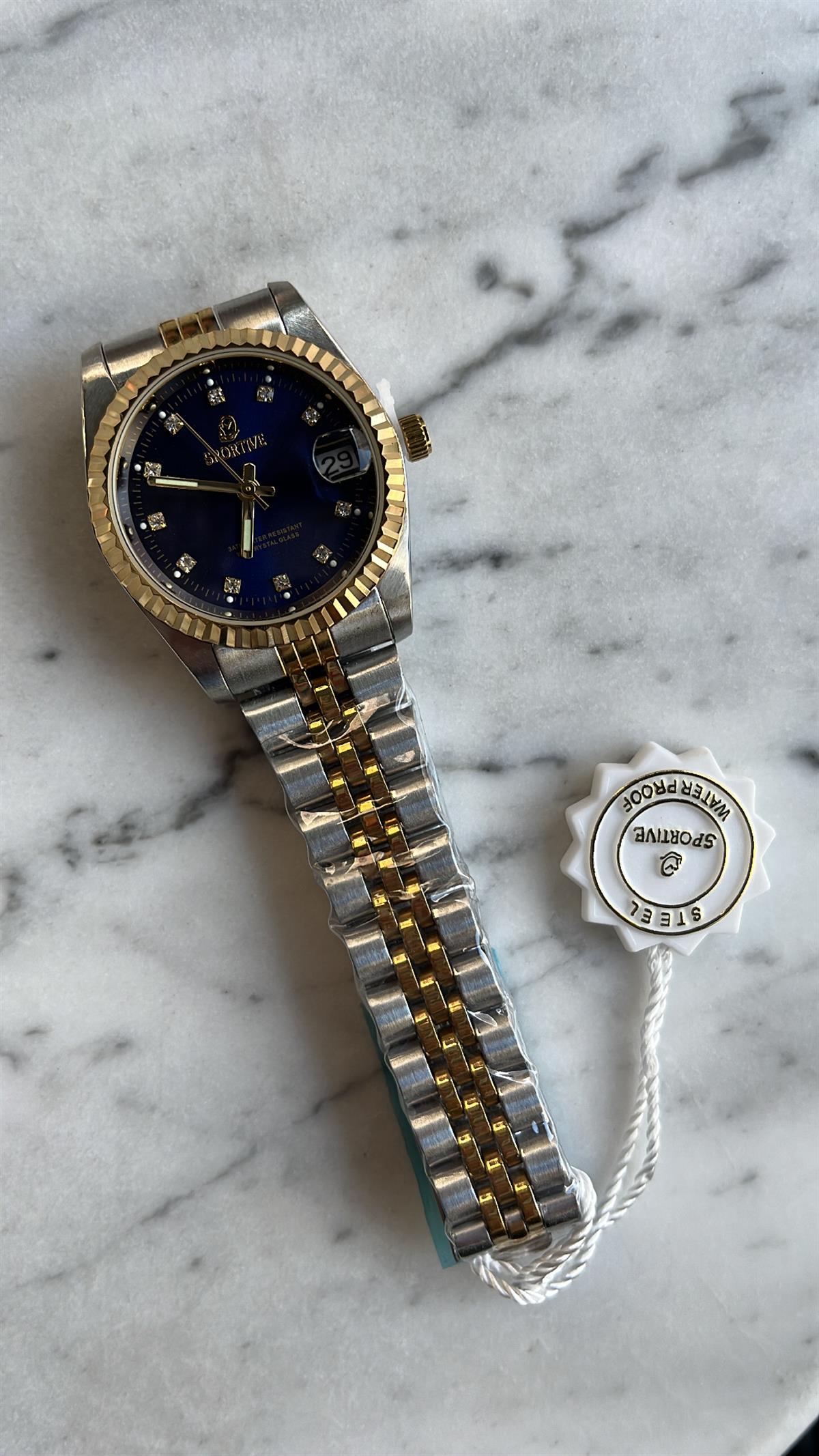 Mavi kardanlı zirkon taş mix çelik saat