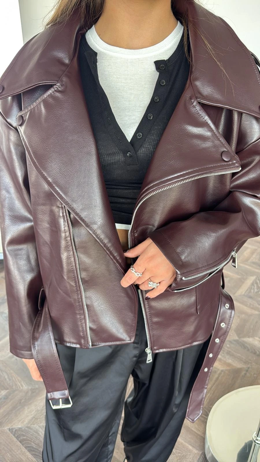 Premium Kemer Detay Apoletli Bordo Deri Ceket