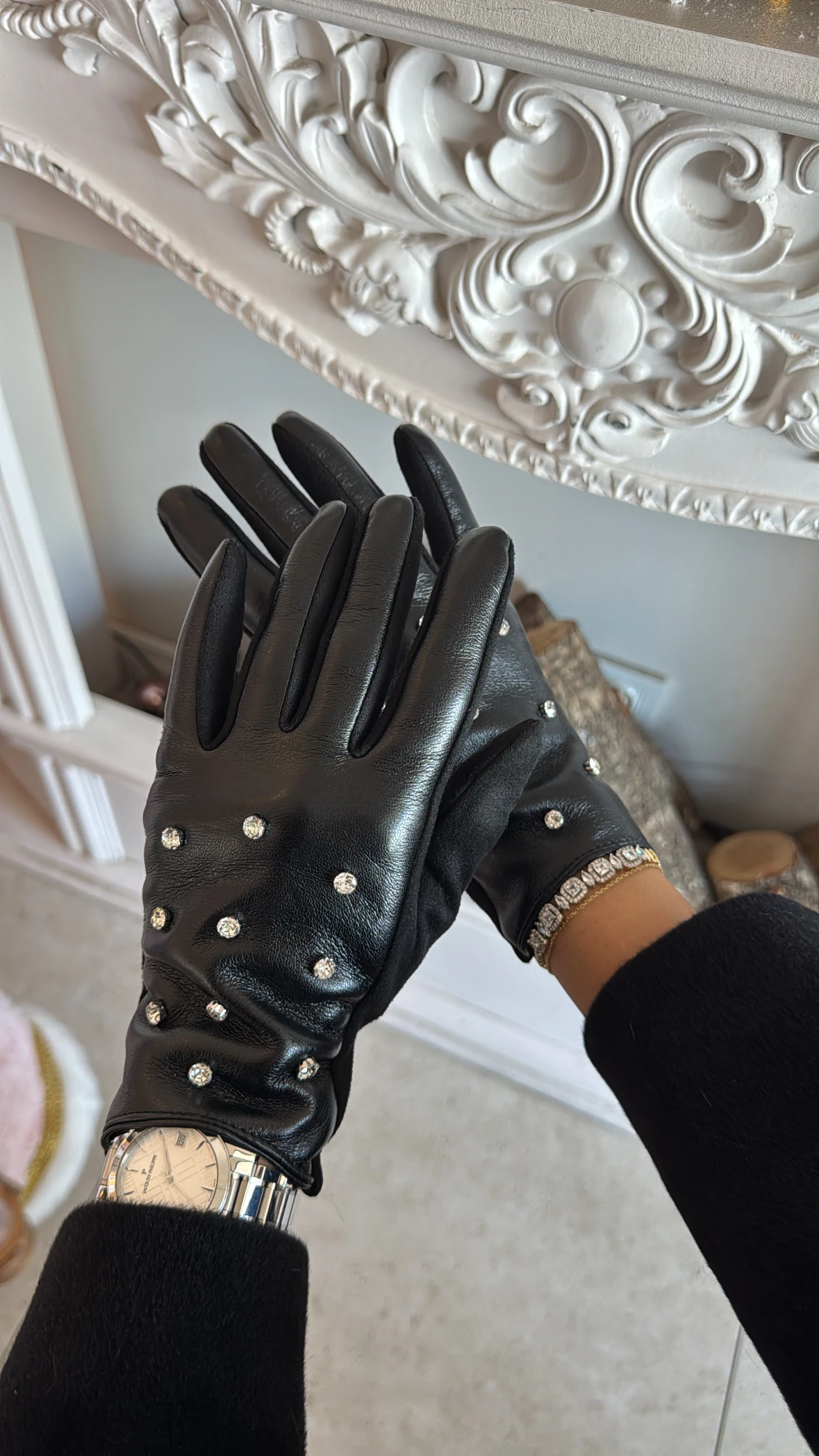 Taşlı Siyah Deri Eldiven