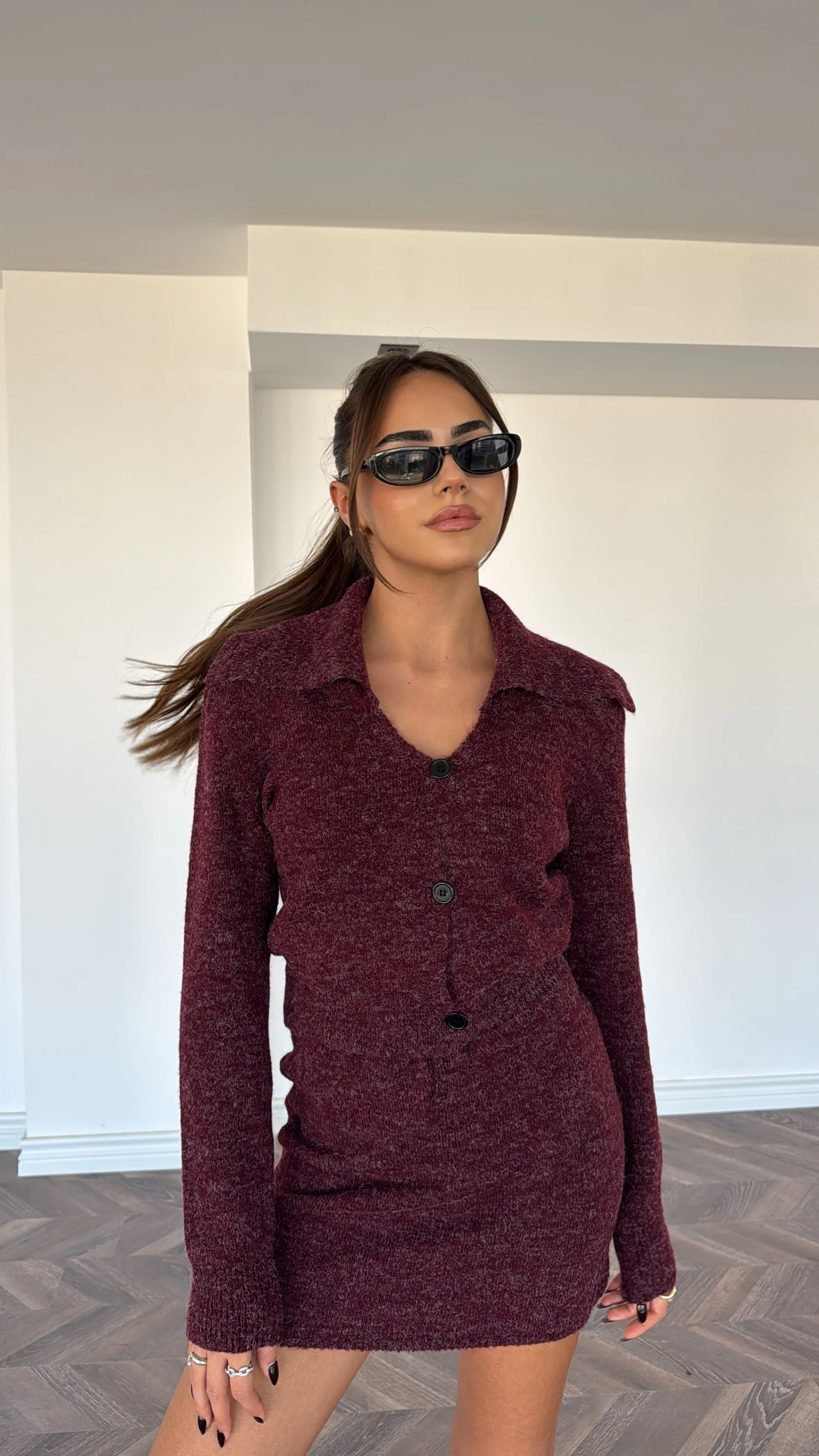 Yakalı Triko Etekli Bordo Takım