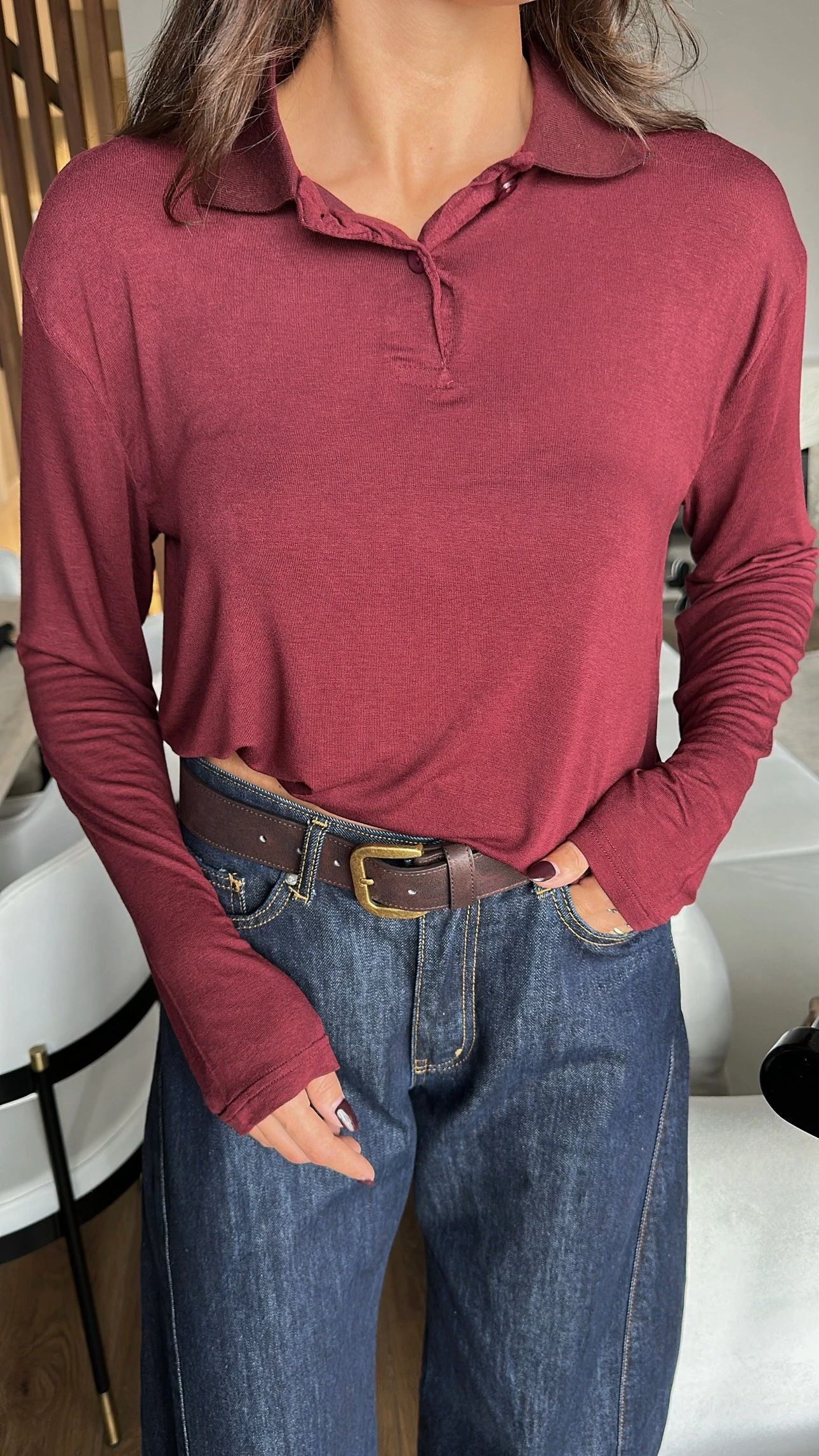 Polo Yaka Transparan Uzunkollu Basic Bluz Bordo 