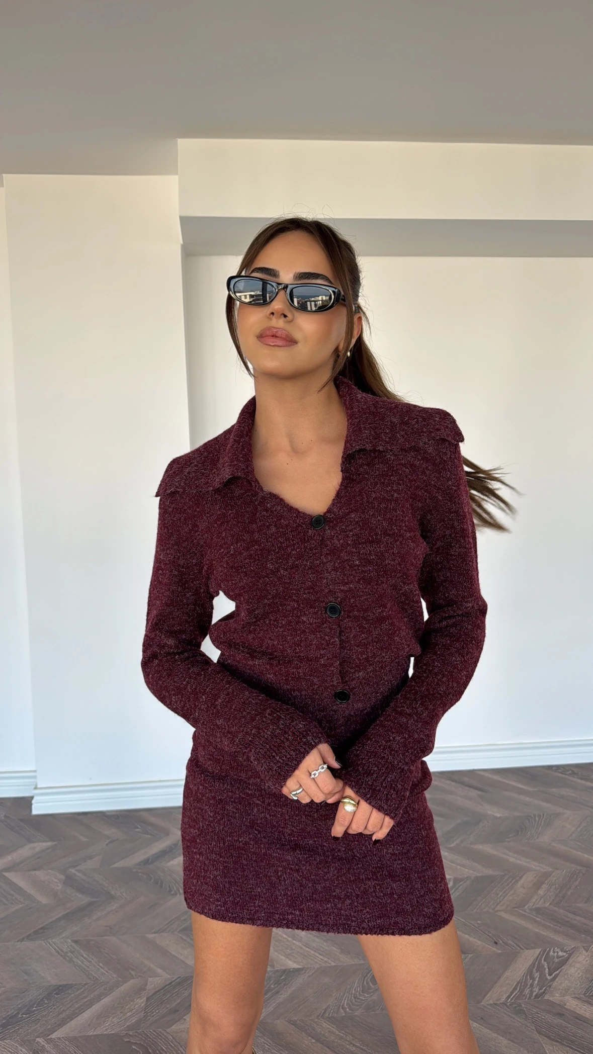 Yakalı Triko Etekli Bordo Takım