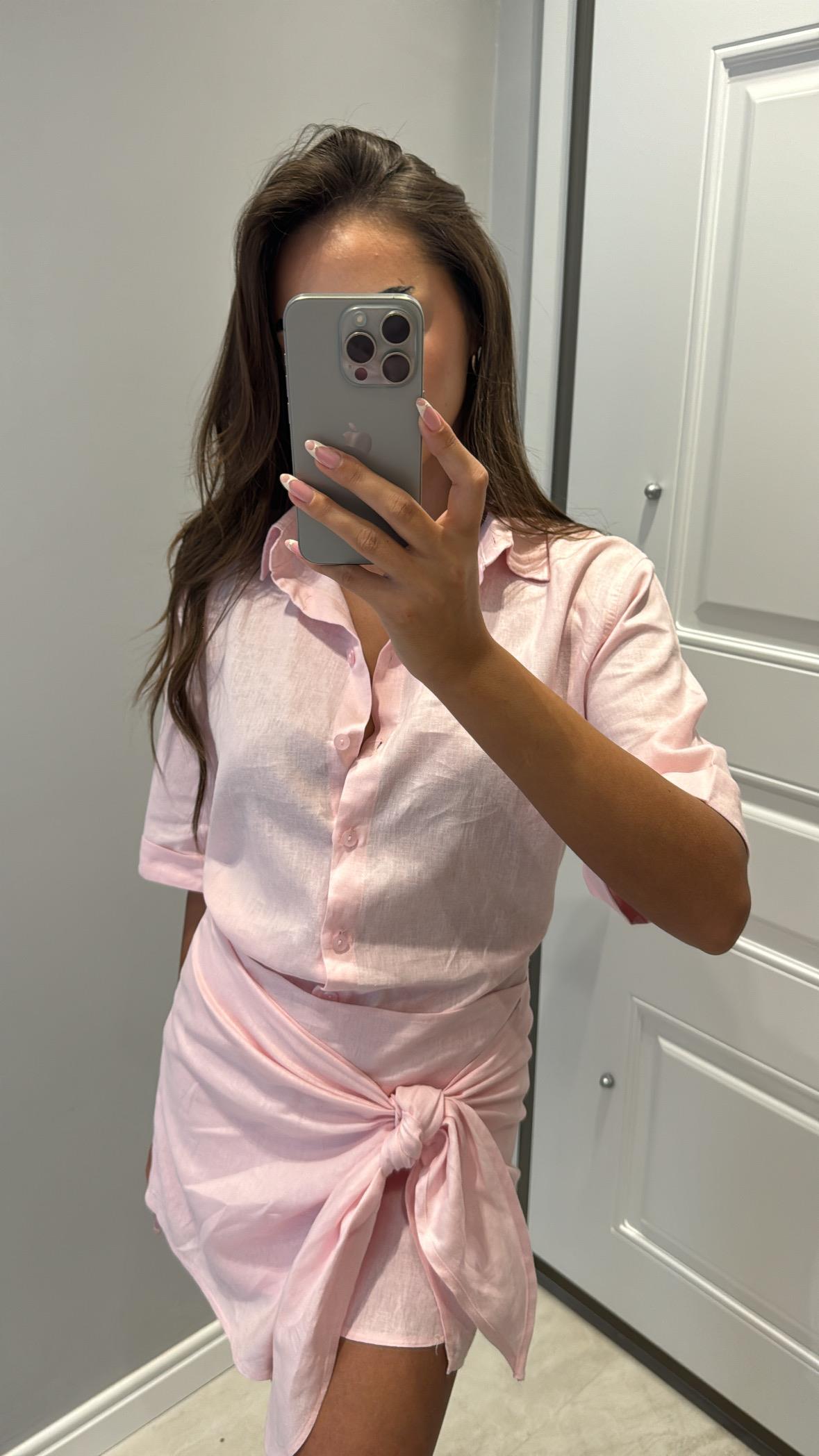 Keten Pembe Bağlamalı Etek Takım