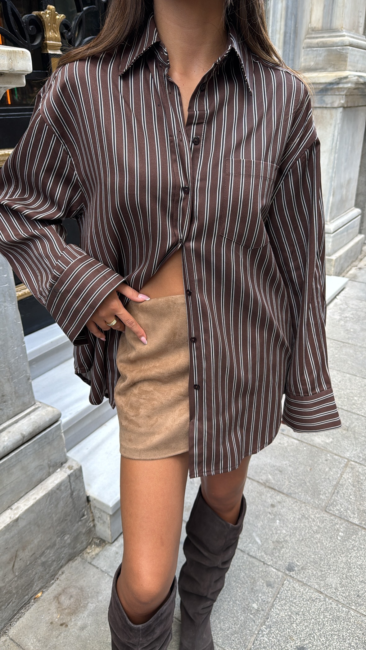 Acı Kahve Tok Kumaş Oversize Gömlek