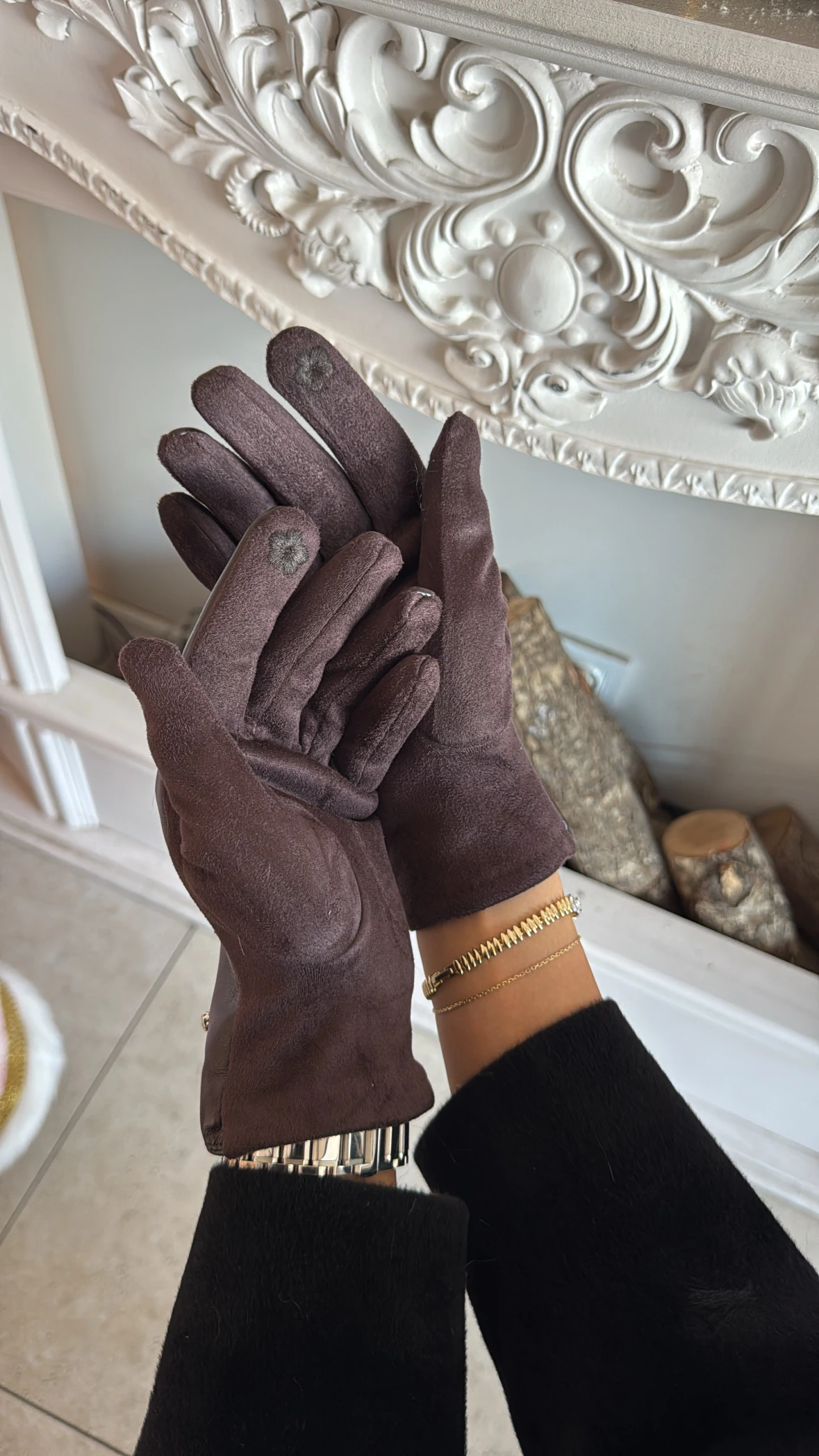 Taşlı Kahve Deri Eldiven