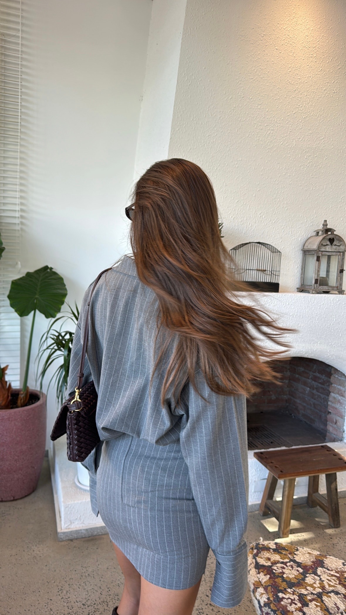 Drapeli Etek Gömlek Gri Çizgili Takım