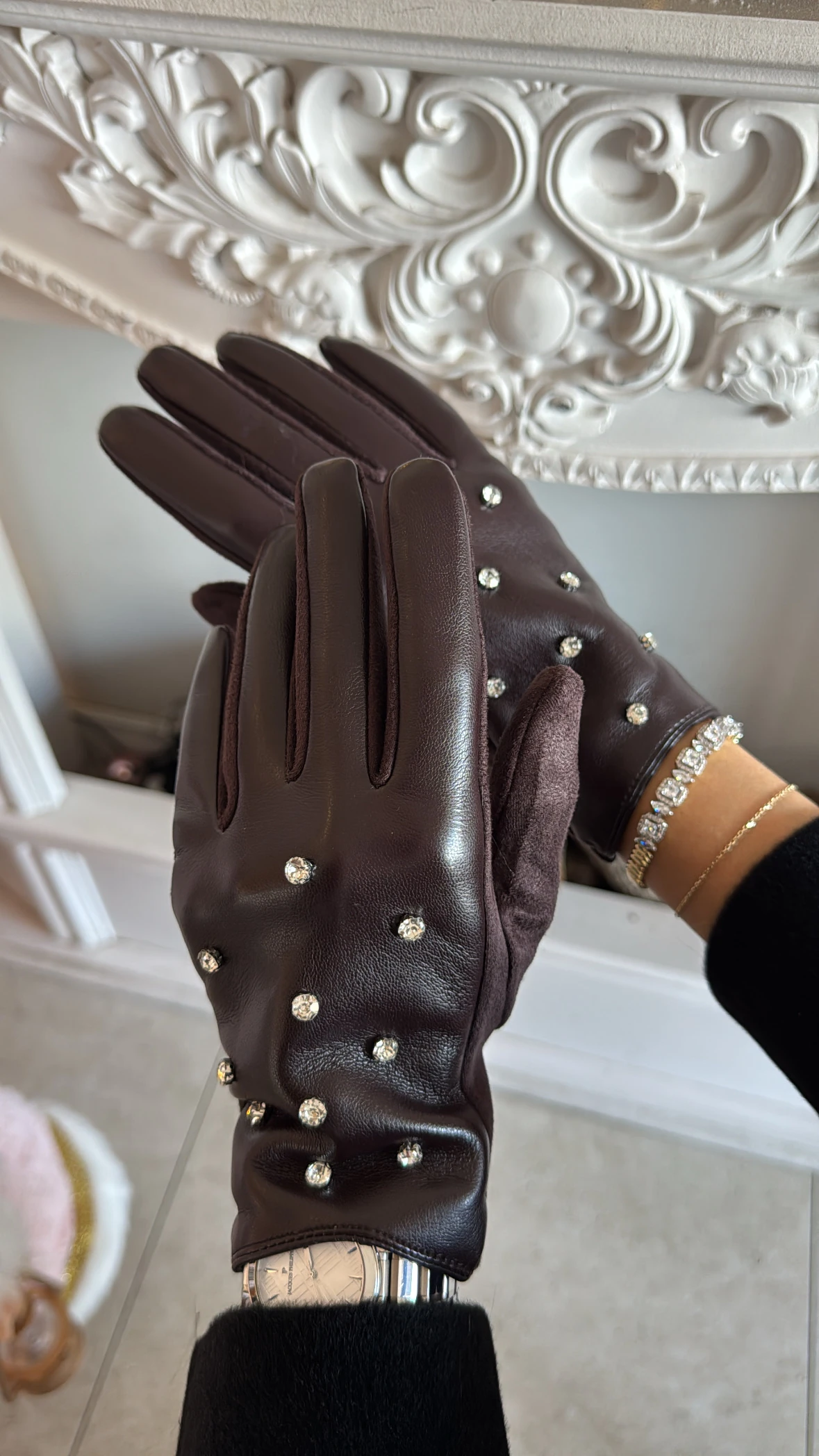 Taşlı Kahve Deri Eldiven