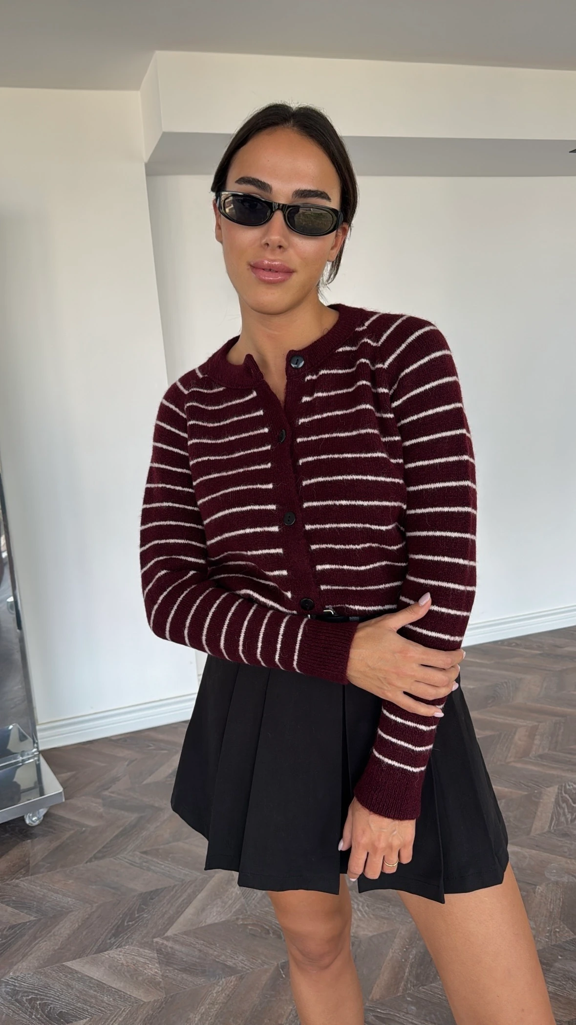 Çizgili Bordo Örgü Hırka