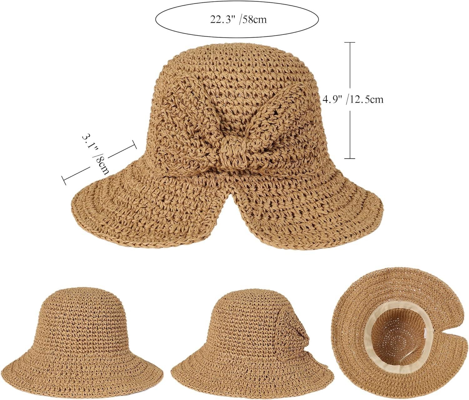 Camel Fiyonk Nakışlı El Örgülü Bucket Hasır Şapka