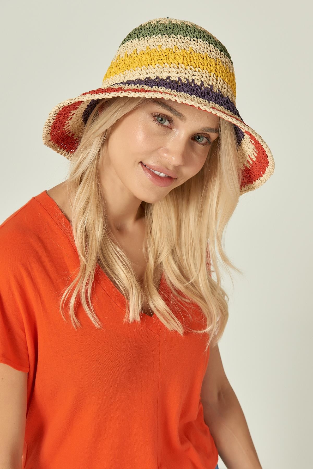 Ekru El Örgüsü Bucket Hasır Şapka