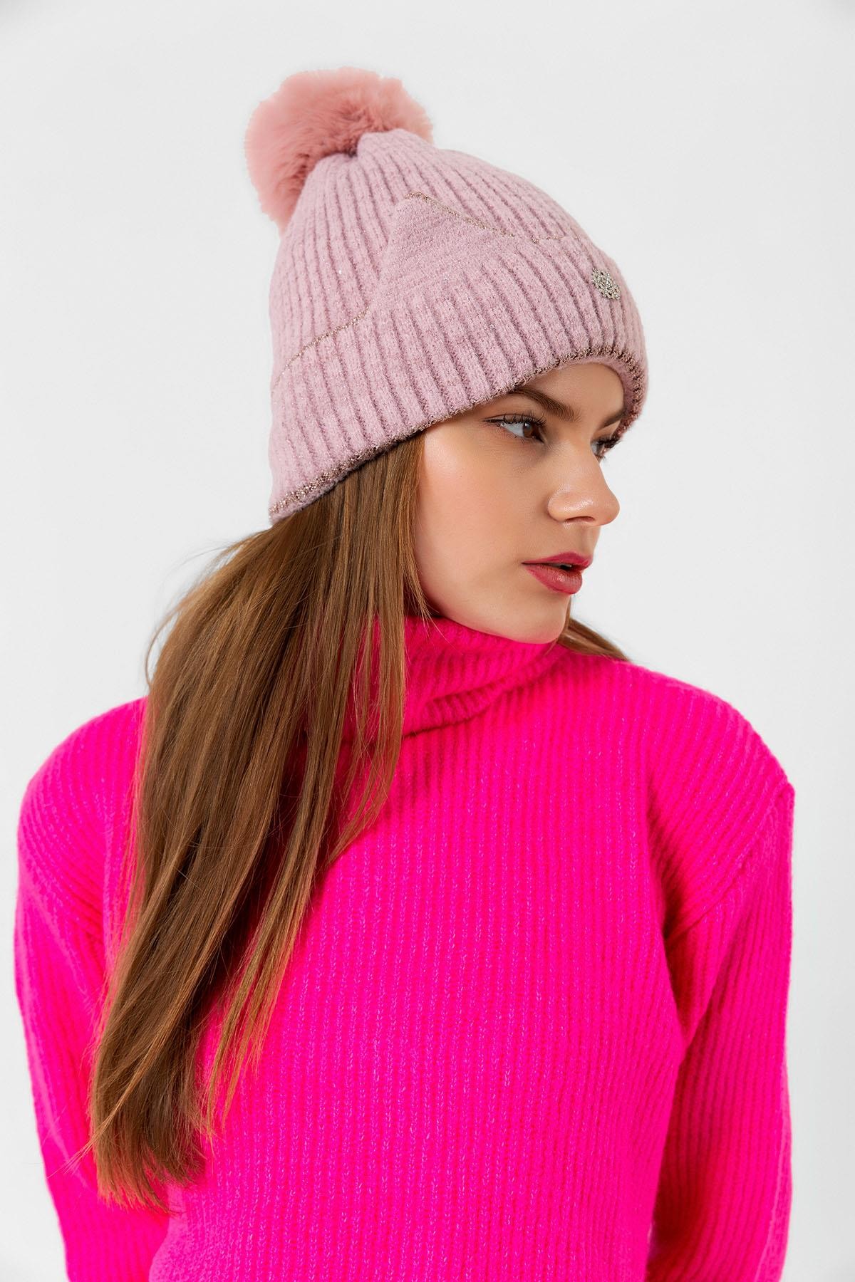 Kar Tanesi Süslemeli Pembe Ponponlu Bere