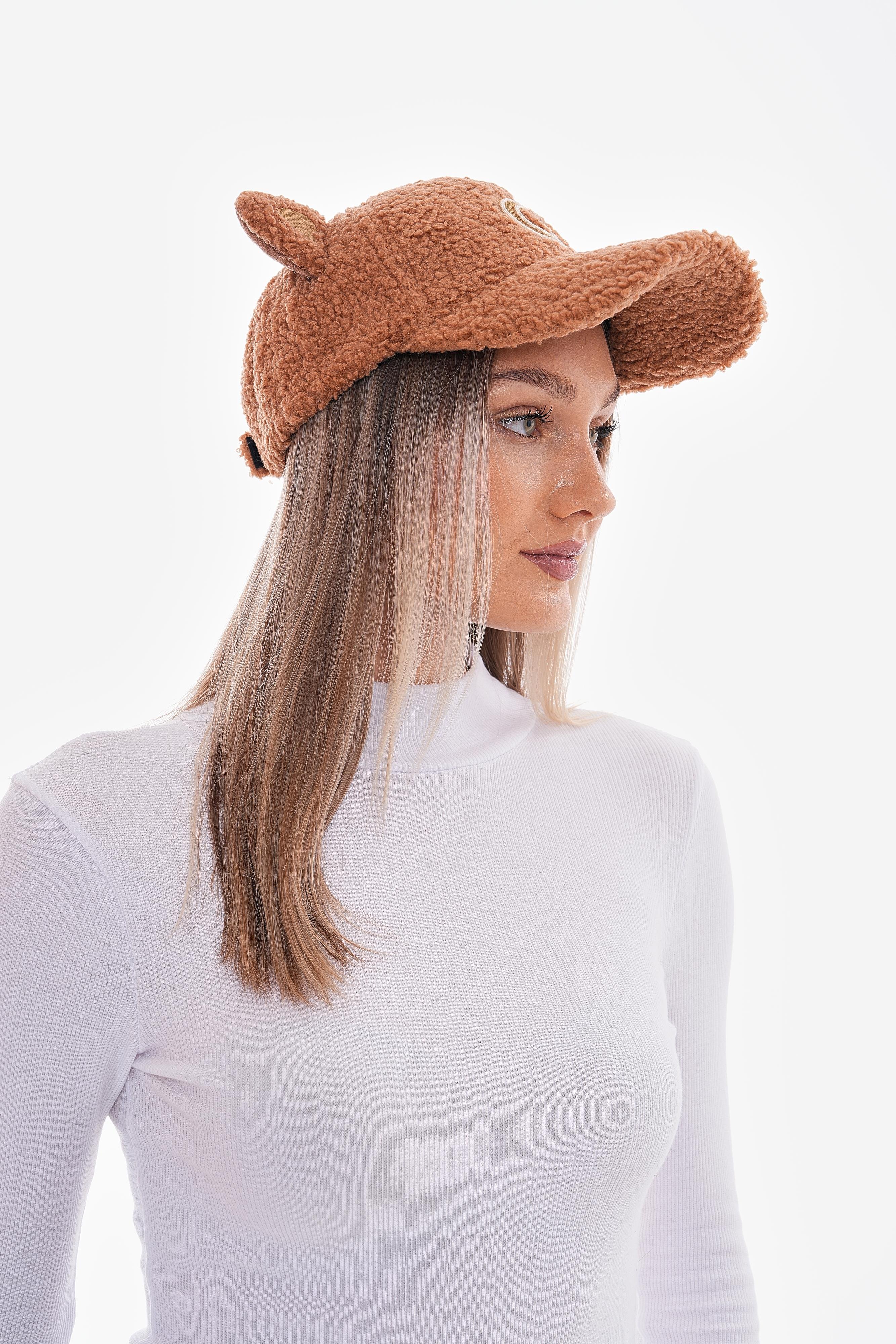 Kadın Peluş Kürklü Camel Kep Şapka Tavşan Kulaklı 14562