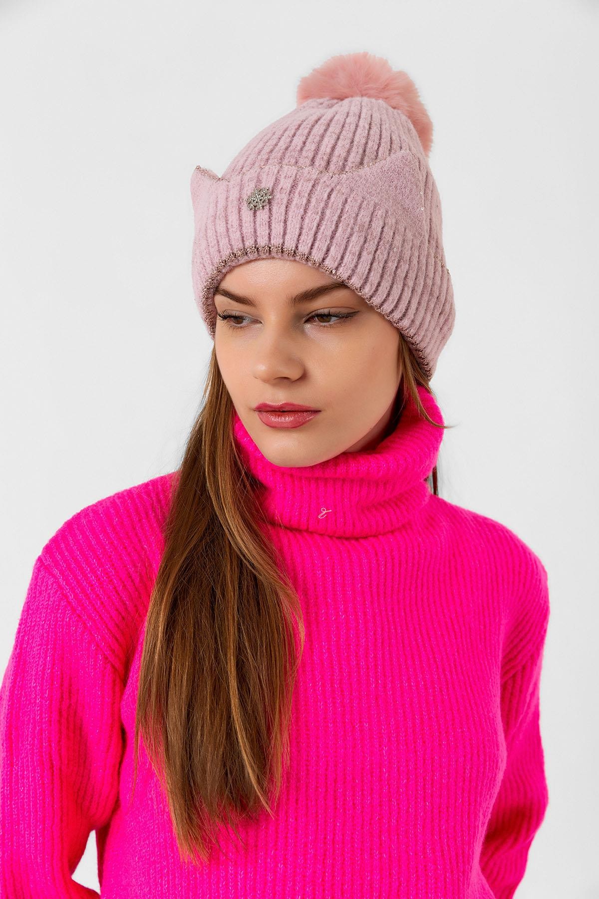 Kar Tanesi Süslemeli Pembe Ponponlu Bere
