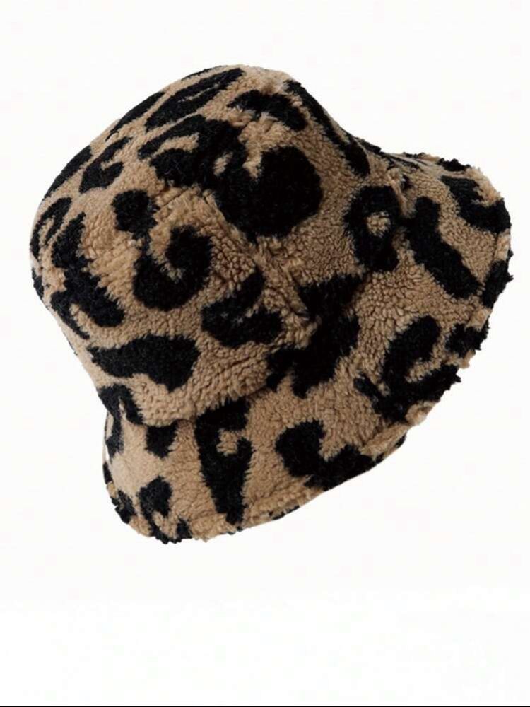 Leopar Desenli Peluş Vizon Bucket Şapka