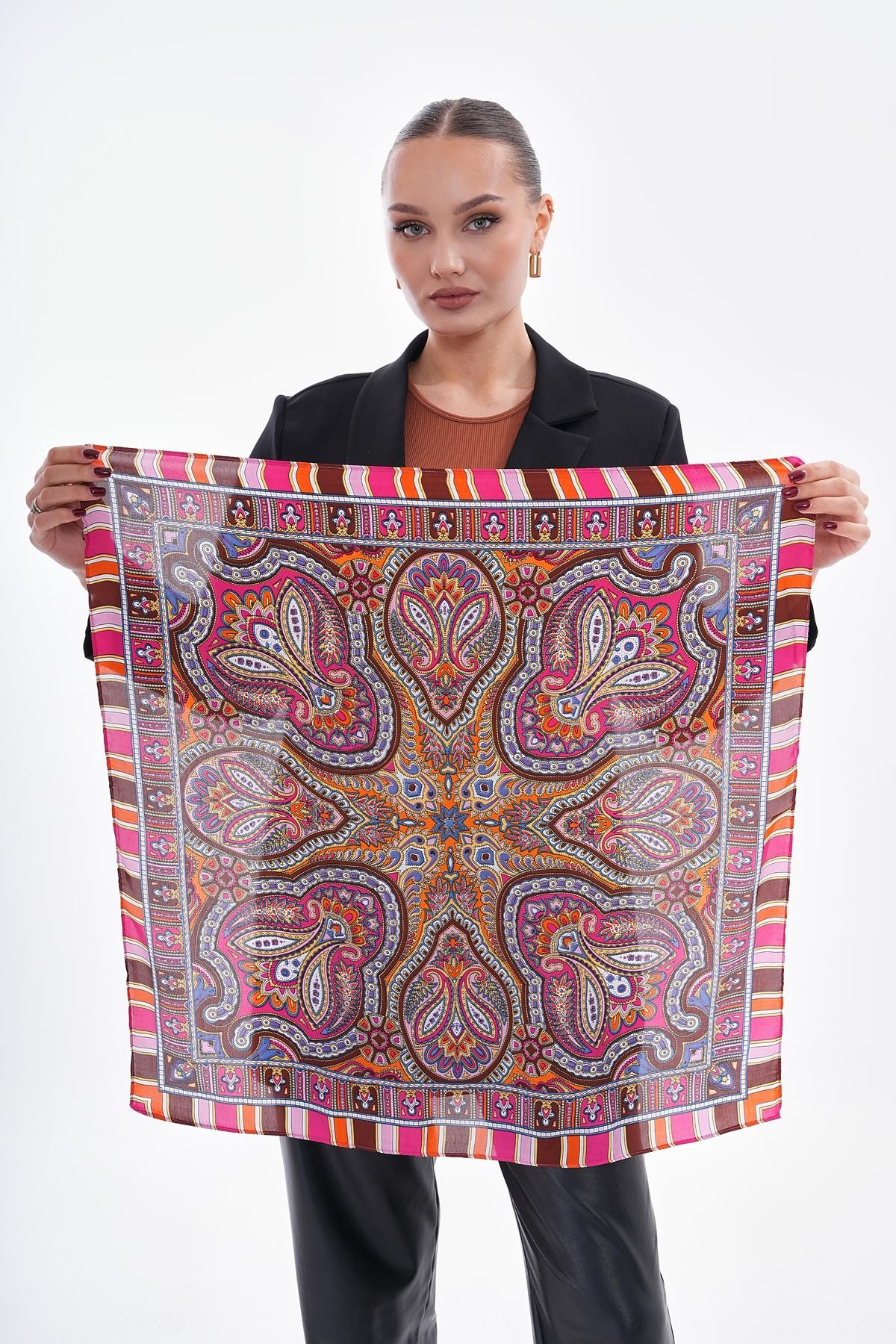 Kadın Fuşya Fular Patchwork Desenli 15270