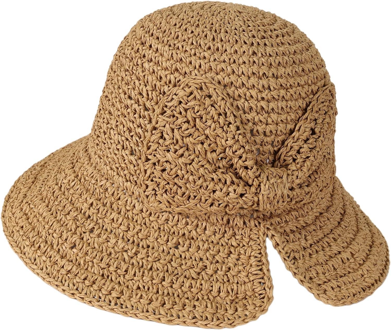 Camel Fiyonk Nakışlı El Örgülü Bucket Hasır Şapka