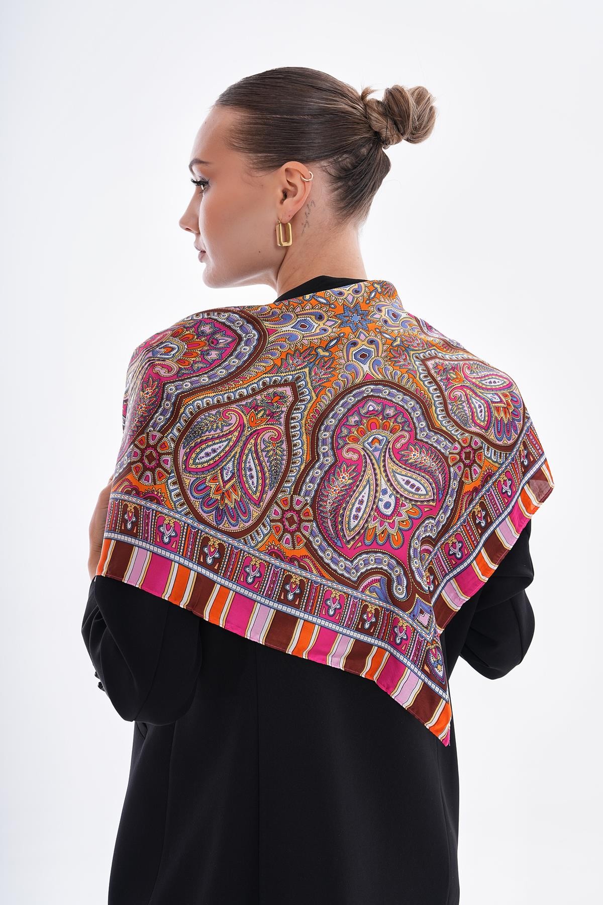 Kadın Fuşya Fular Patchwork Desenli 15270