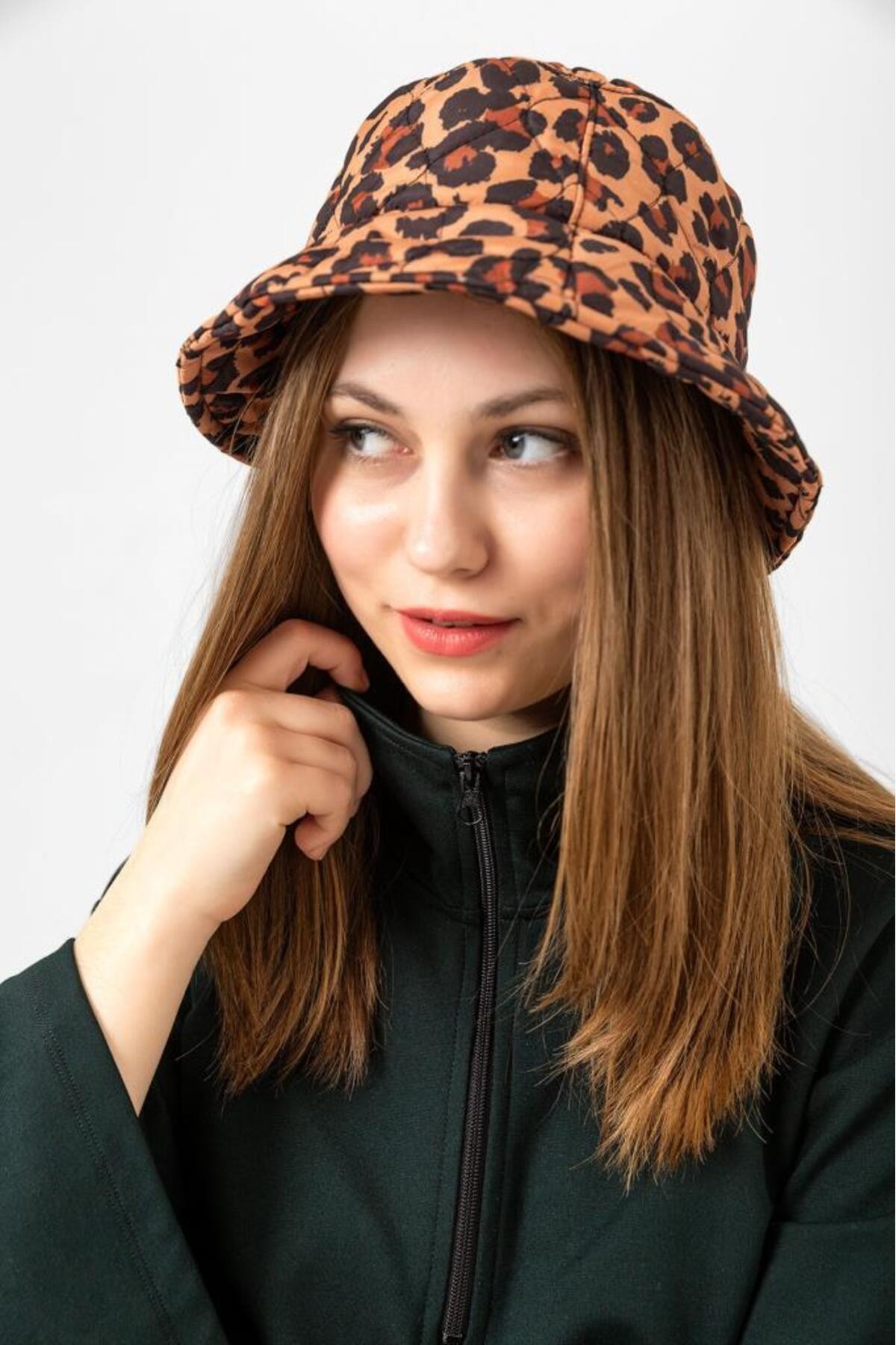 Leopar Desenli Kahverengi Bucket Şapka