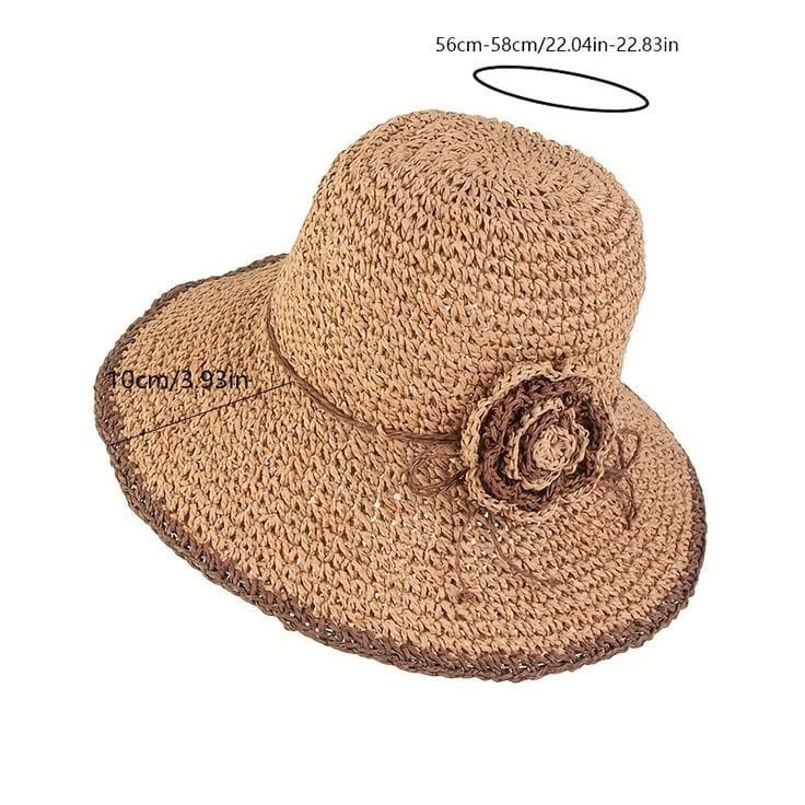 Camel Çiçek İşlemeli El Örgülü Bucket Hasır Şapka
