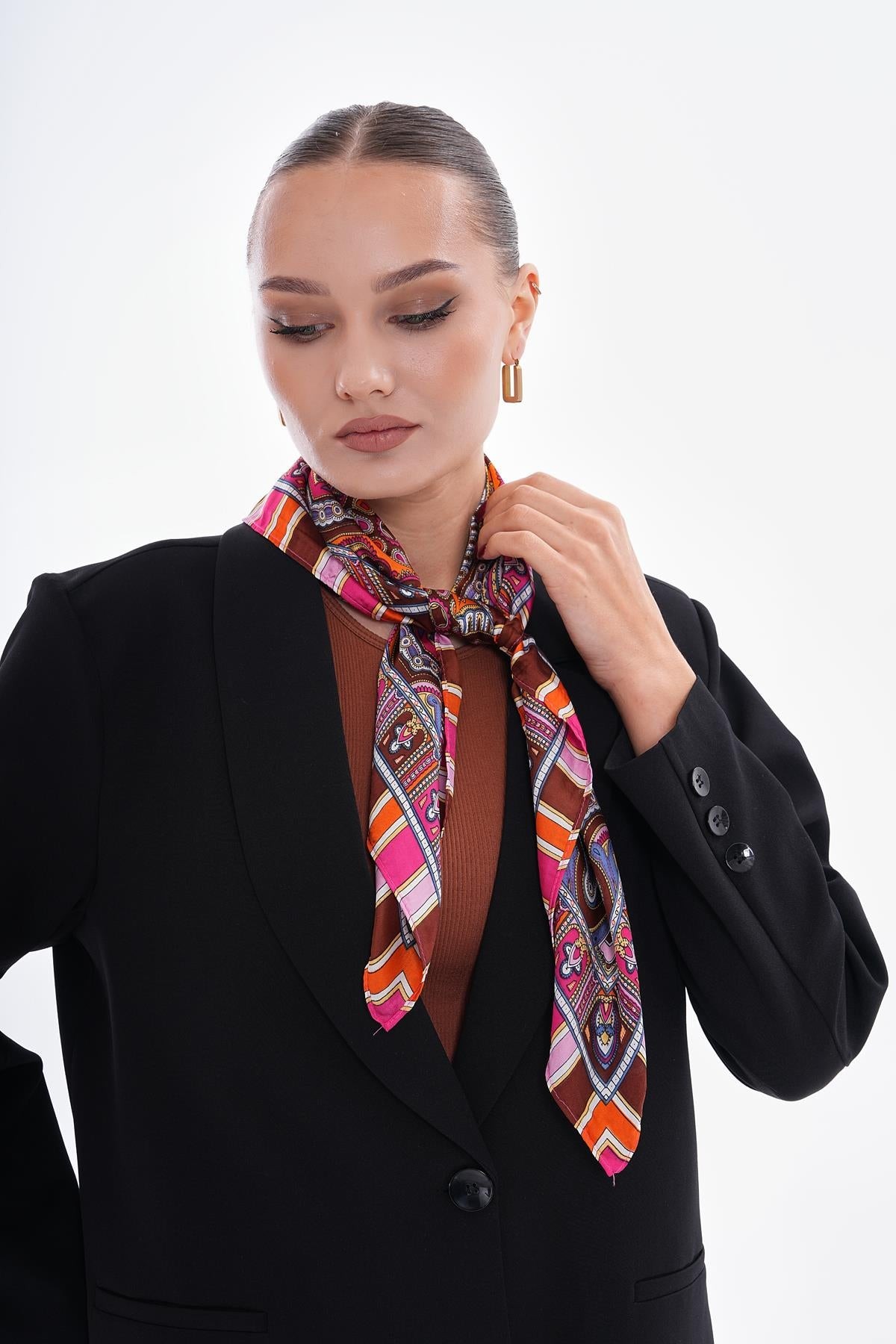Kadın Fuşya Fular Patchwork Desenli 15270