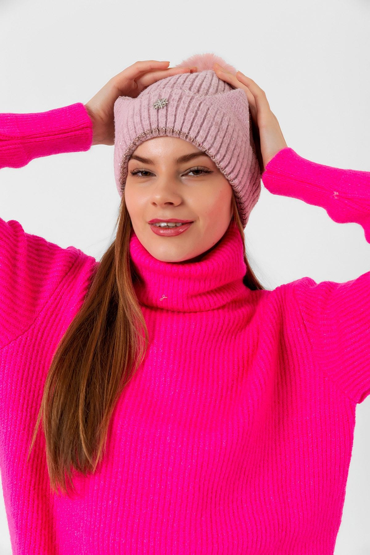 Kar Tanesi Süslemeli Pembe Ponponlu Bere