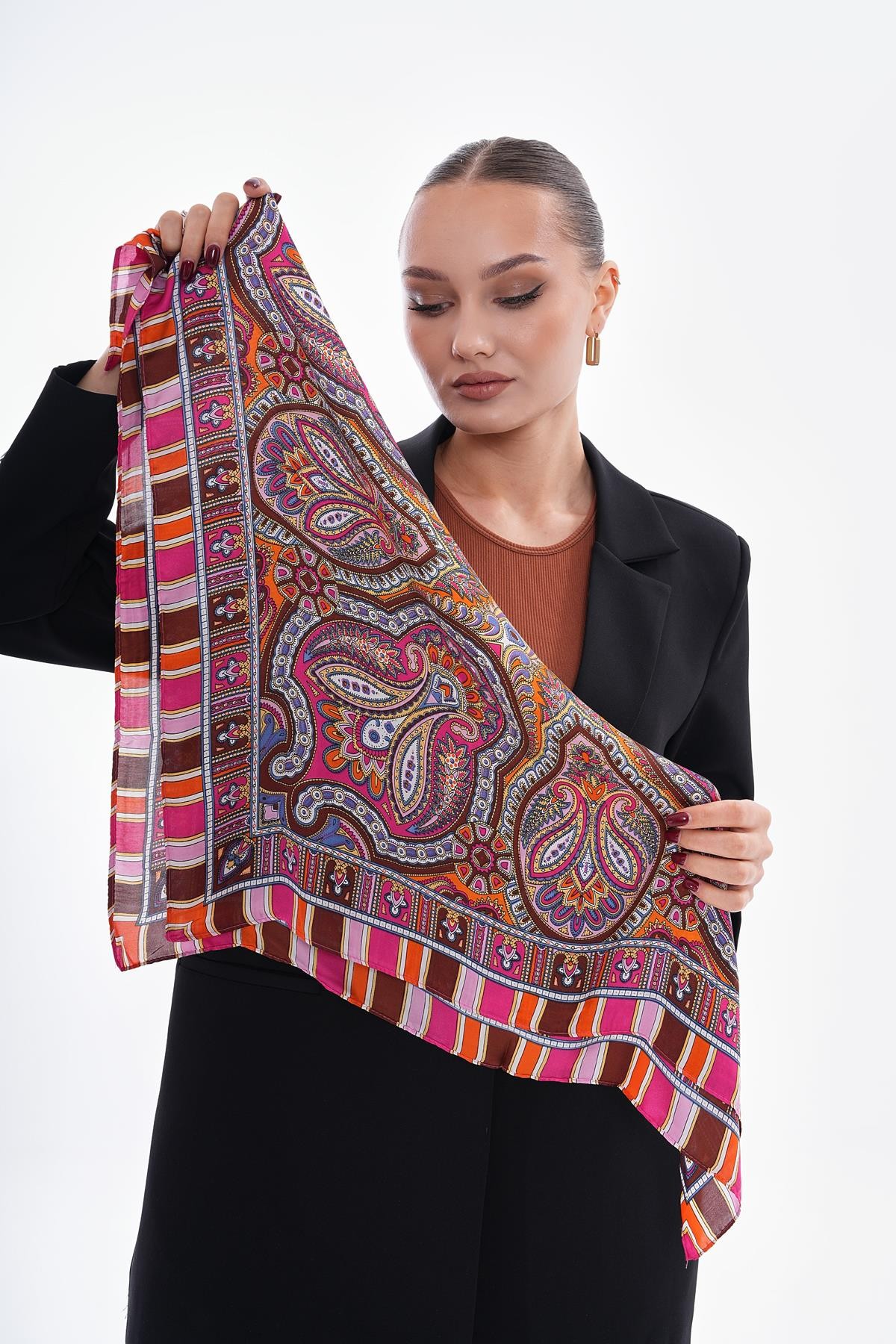 Kadın Fuşya Fular Patchwork Desenli 15270