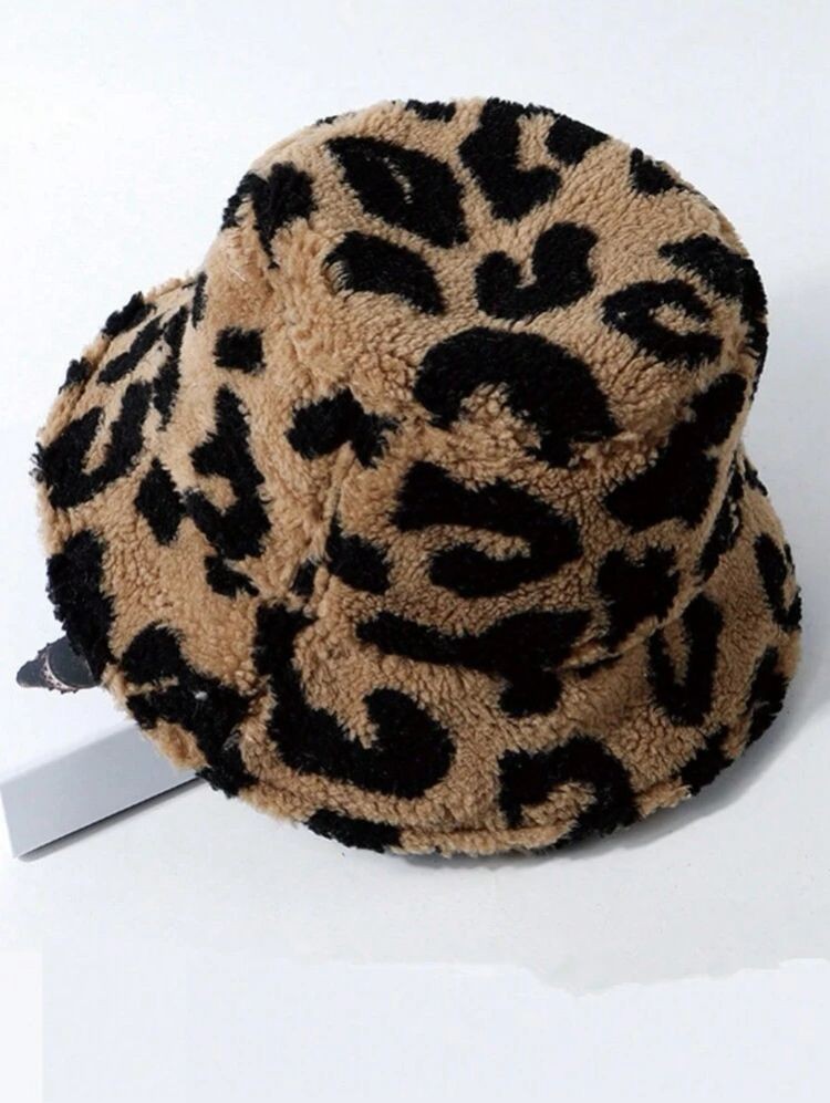 Leopar Desenli Peluş Vizon Bucket Şapka