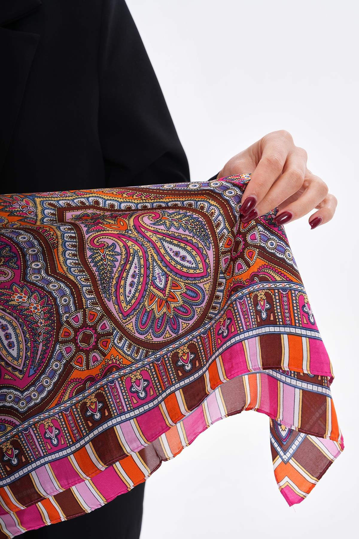 Kadın Fuşya Fular Patchwork Desenli 15270