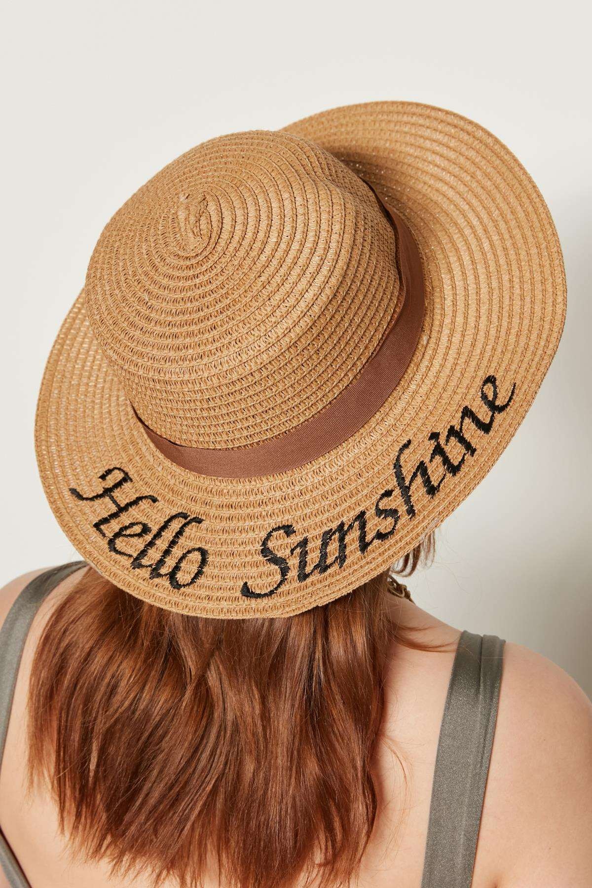 Camel Hasır Şapka Hello Sunshine Nakışlı