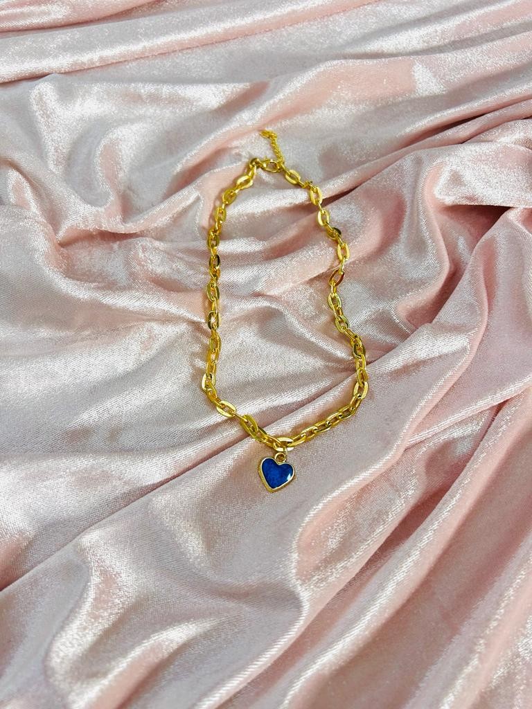 Vip Gold Zincir Mavi Kalp Charm Kolye