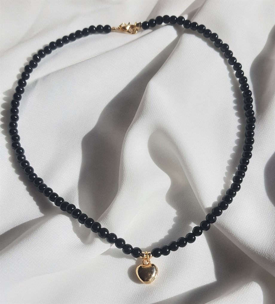 Female black pearl gold plated heart love necklace