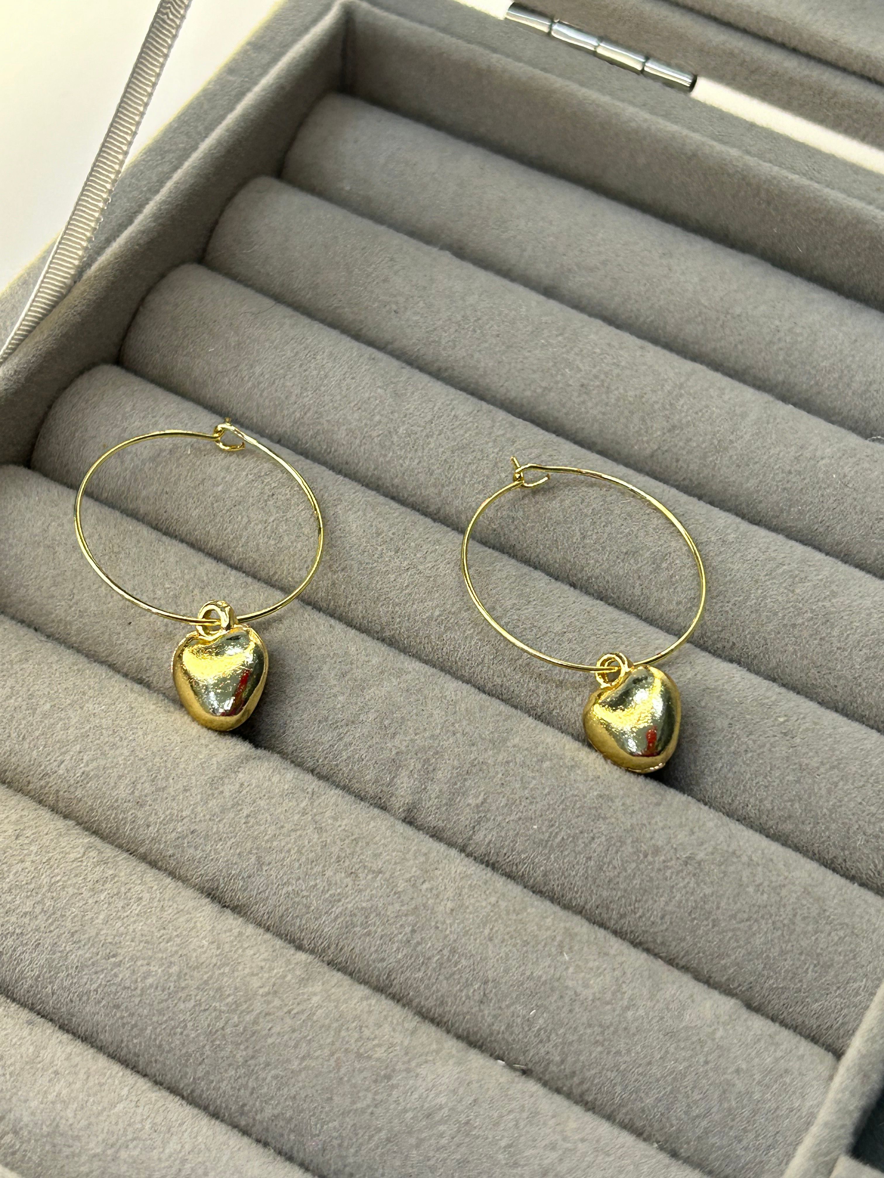 Gold Thin Hoop Heart Earrings