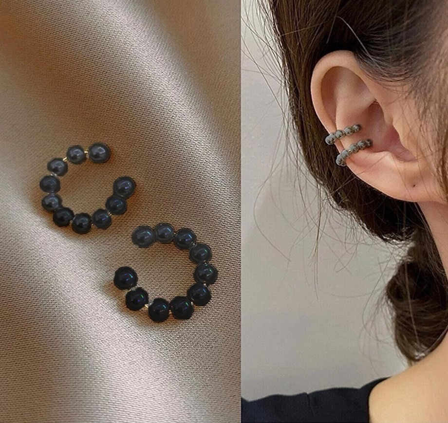 Woman Black Incili Cartilage Earrings