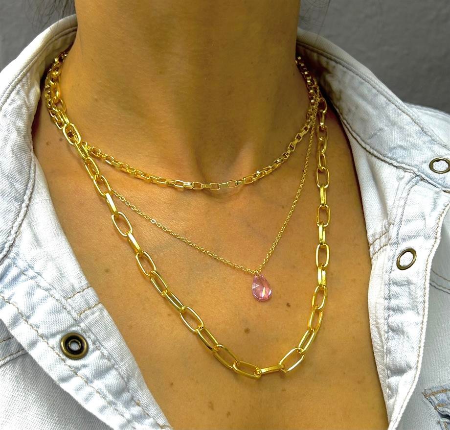 3 -Gold Chain Pink Drop Stone Necklace