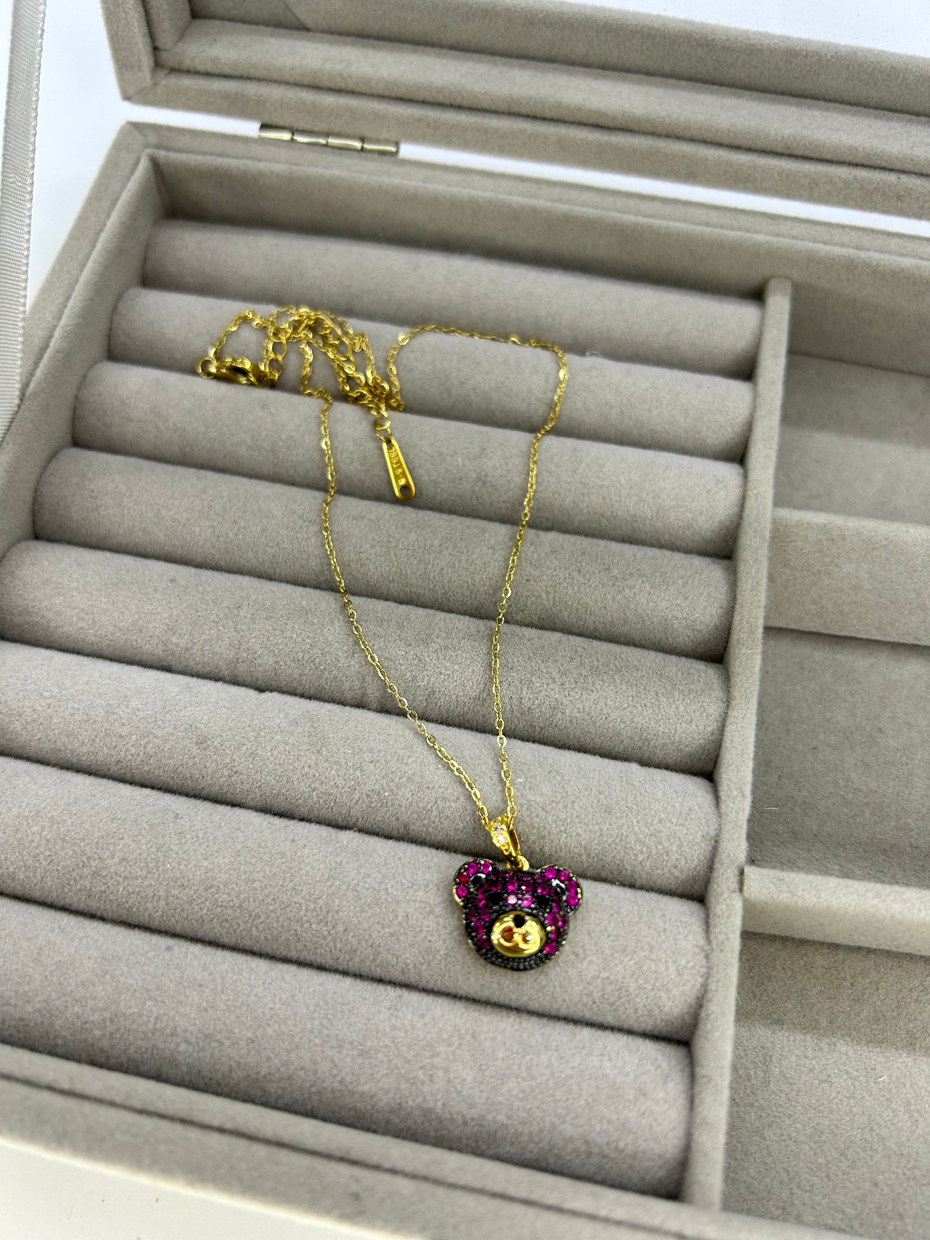 Steel Pink Teddy Bear Necklace