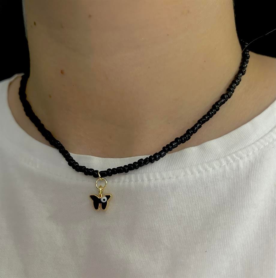 Female black bead butterfly necklace