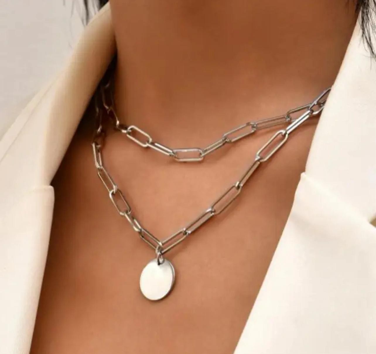 Silver Color Paperclip Plate Necklace