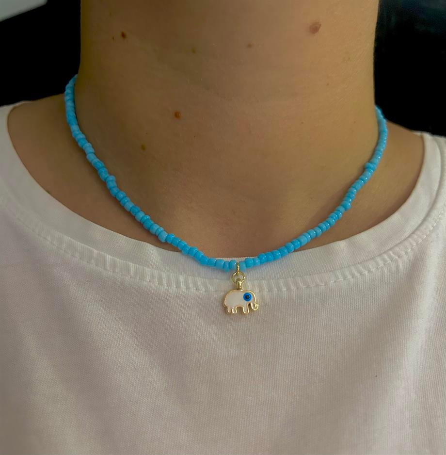 Woman Blue Bead White Elephant Necklace