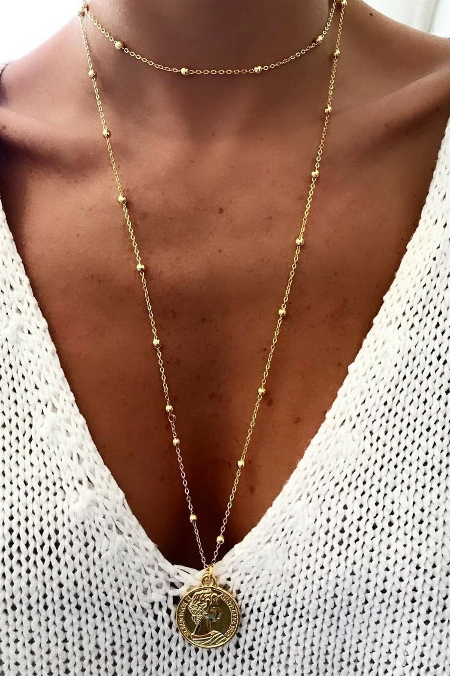 Women's Gold Color Long Medallion Necklace